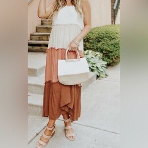 NEW Blu Pepper Tiered Neutral Colors Sleeveless Maxi Dress Size Small